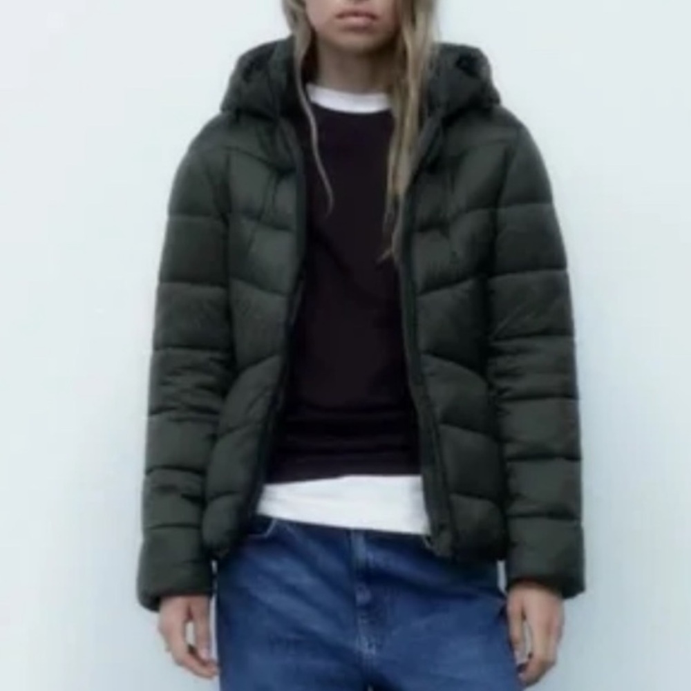 Zara Puffer Jacket Hooded Dark Green Small
